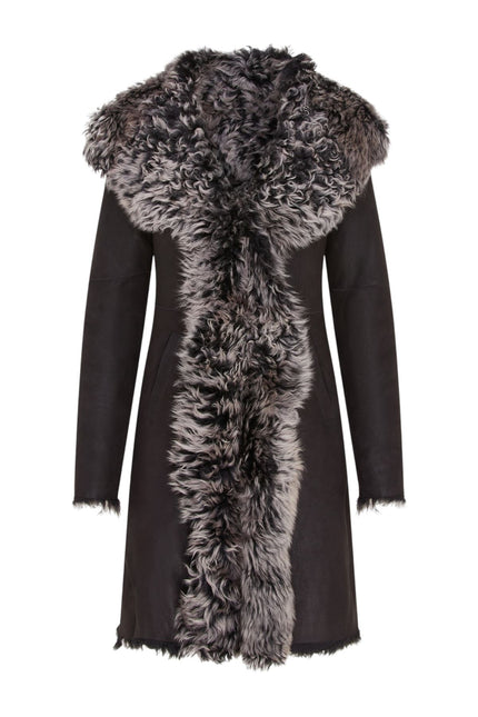 Womens Black Toscana Sheepskin Leather Hooded Trench Coat - Coast