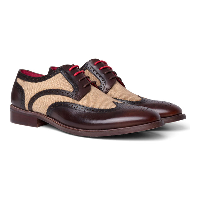 Justin Reess Men's Brown Leather Canvas Detailing Brogue Shoes - Cole