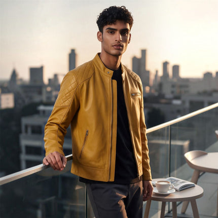 Mens Yellow Leather Quilted Shoulder Biker Jacket - Rock