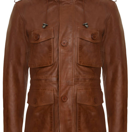 Mens Leather Hooded Trench Coat-Medellin
