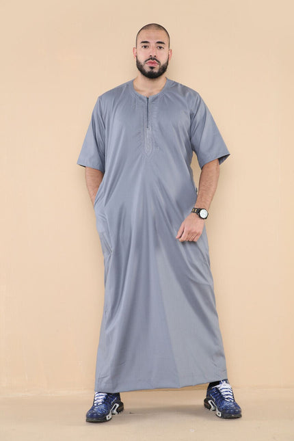 Mens Grey Thobe Jubba Islamic Arab Moroccan Saudi Zipped Kaftan Arab Robe
