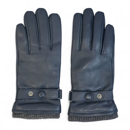Men’s Navy Blue Italian Leather Warm Wool Lining Winter Knit Rib Gloves - M-LGV-105