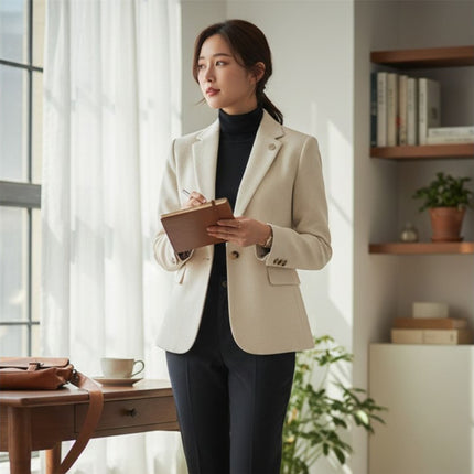 Women's Cream Wool Tweed Herringbone Check Blazer - WS-1
