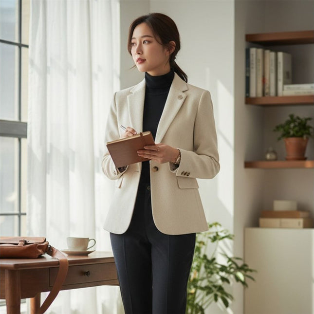 Women's Cream Wool Tweed Herringbone Check Blazer - WS-1