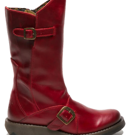 Fly London Womens Red Mes 2 Wedge Heel Buckle Mid-Calf Leather Zip Platform Boots