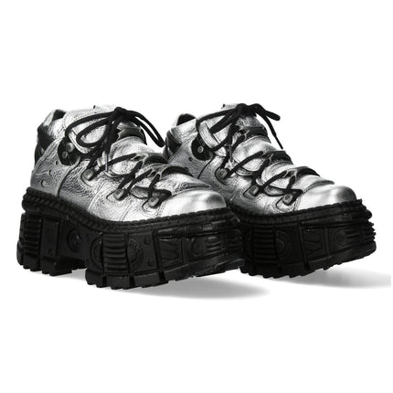New Rock M-106Wall-C29 Metallic Silver Black Leather Gothic Ankle Boots