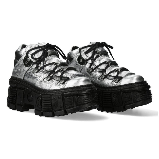 New Rock M-106Wall-C29 Metallic Silver Black Leather Gothic Ankle Boots