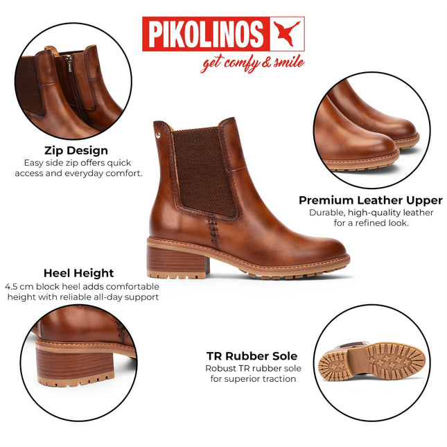 Pikolinos Women's Brown Leather Chelsea Heeled Ankle Boots - Medina