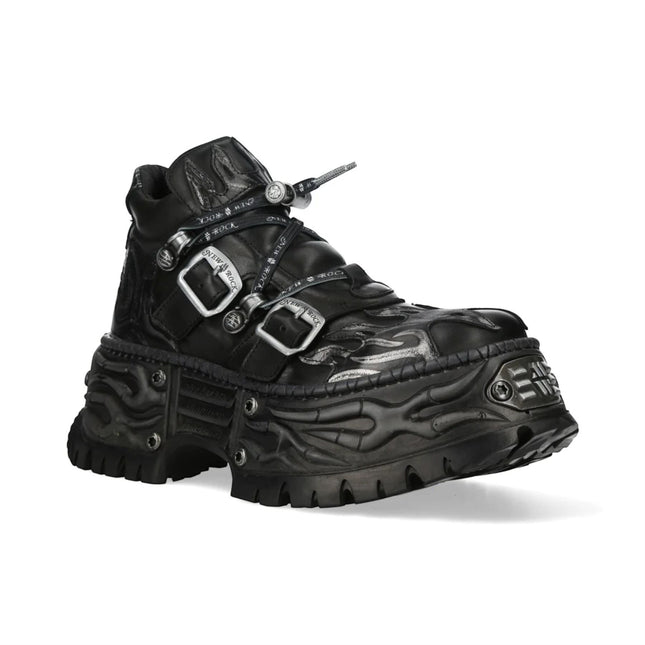 New Rock Black Leather Gothic Biker Platform Ankle Boots - NEWWALL020-C4