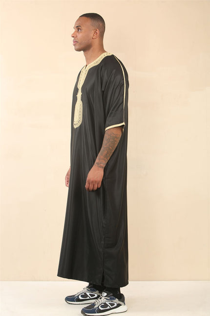 Men's Black Gold Moroccan Thobe Djellaba Jubba Robe Eid