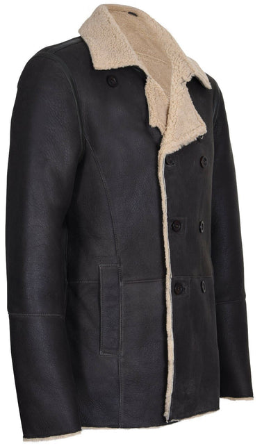 Mens Double Breasted Shearling Sheepskin Pea Coat-Valencia