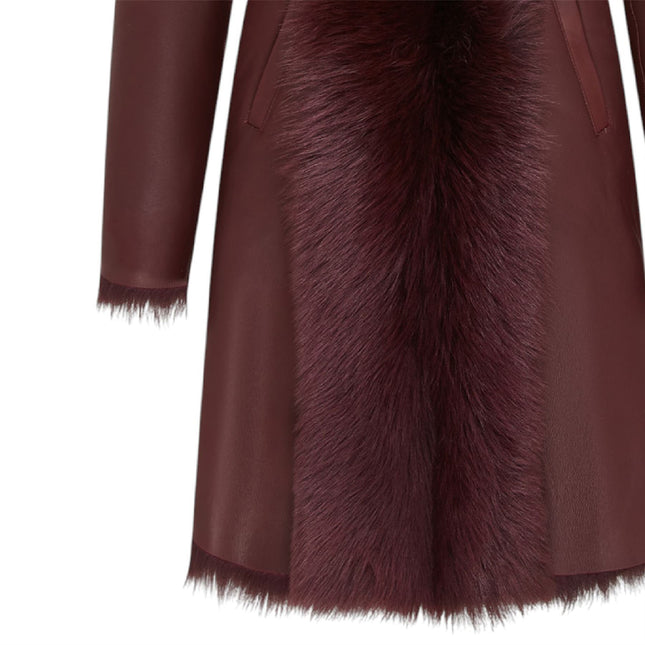 Womens Burgundy Red Toscana Sheepskin Leather Hooded Trench Coat - Coast