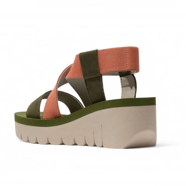Fly London Women's Yabi922Fly Green / Tea Rose Cupido Leather Wedge Sandals