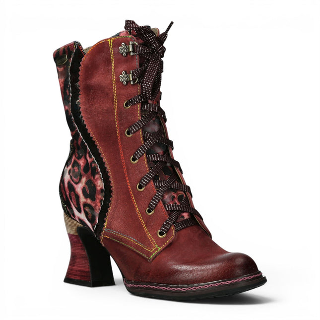 Laura Vita Women's Goth Victorian Floral Wine Leather Lace-Up Heeled Boots - Eleao-42