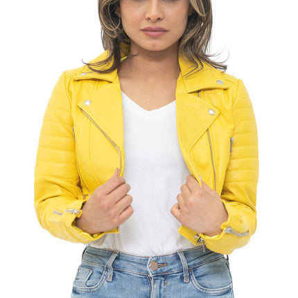 Womens Cropped Brando Leather Biker Jacket-Damascus