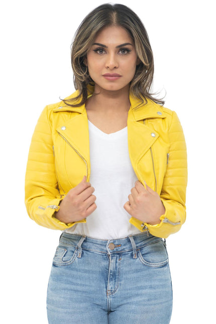 Womens Cropped Brando Leather Biker Jacket-Damascus