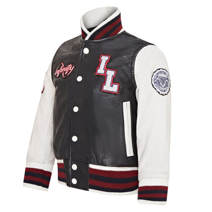 Kids Black Letterman Leather Varsity College Bomber Jacket