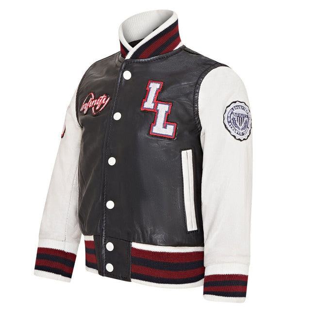 Kids Black Letterman Leather Varsity College Bomber Jacket