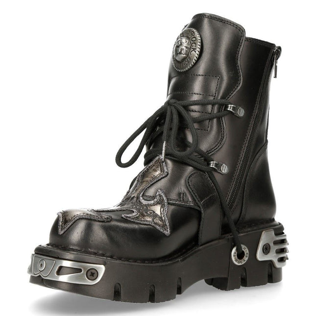 New Rock Silver Cross Black Leather Biker Boots - 407-S1