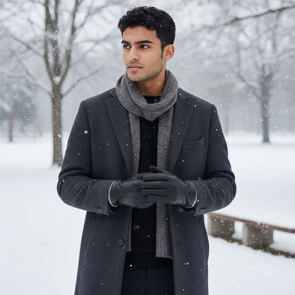 Men’s Black Italian Leather Warm Wool Lining Winter Gloves - M-LGV-405