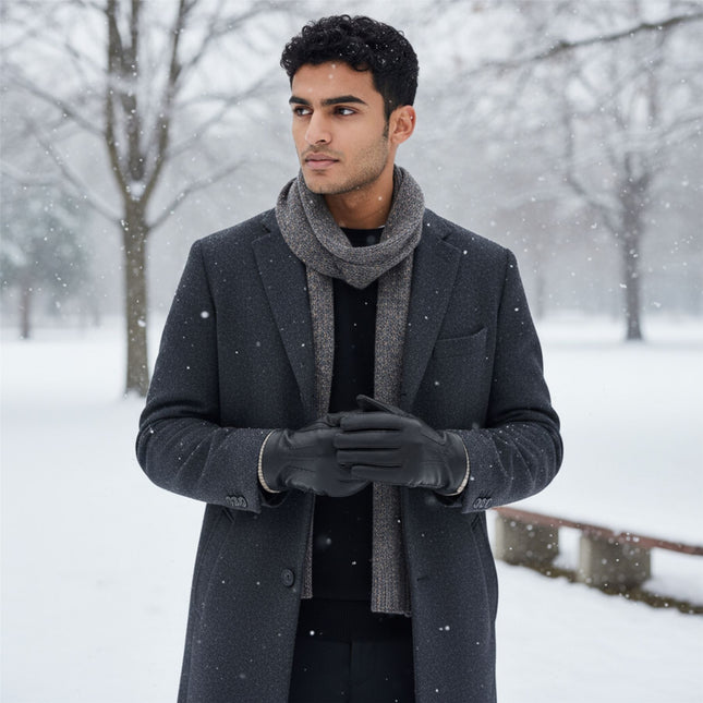 Men’s Black Italian Leather Warm Wool Lining Winter Gloves - M-LGV-405