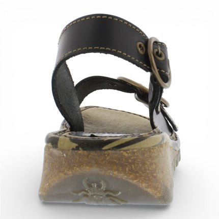 Fly London Women's TRAM723FLY Black Leather Wedge Sandals