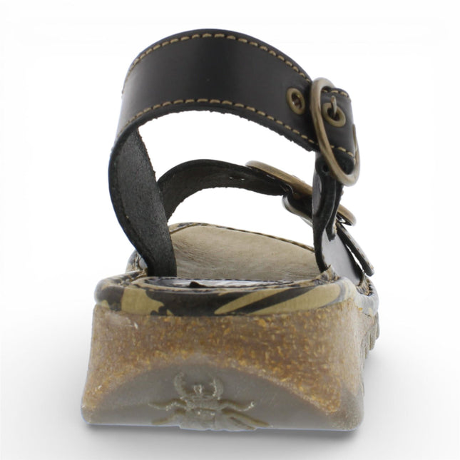 Fly London Women's TRAM723FLY Black Leather Wedge Sandals