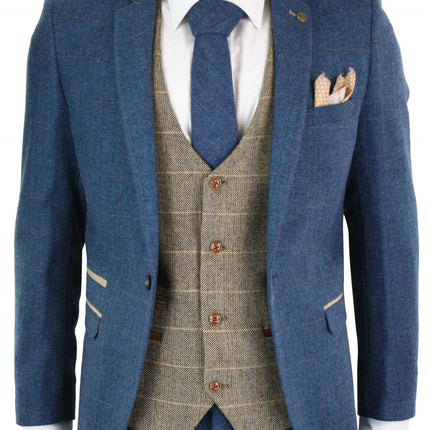 Mens 3 Piece Blue Tweed Vintage Suit