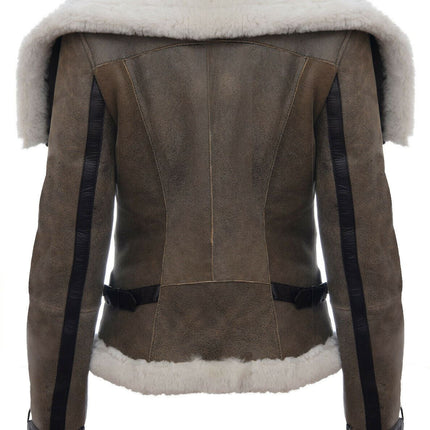 Womens Merino Sheepskin Aviator Leather Jacket-Asmara