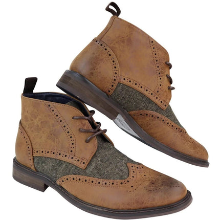 Mens Classic Tweed Oxford Brogue Ankle Boots In Tan Leather
