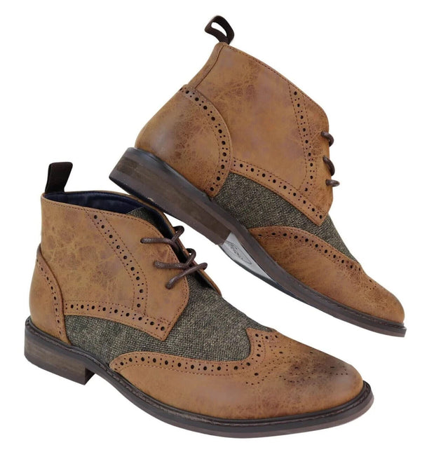 Mens Classic Tweed Oxford Brogue Ankle Boots In Tan Leather