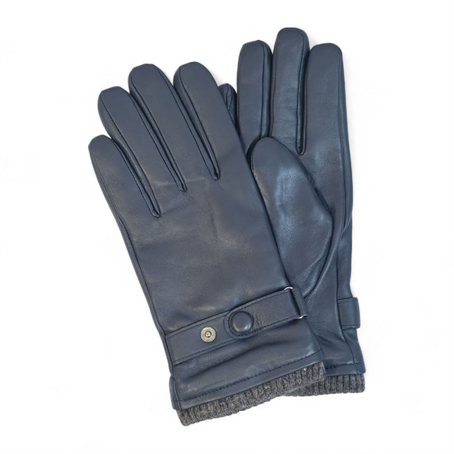Men’s Navy Blue Italian Leather Warm Wool Lining Winter Knit Rib Gloves - M-LGV-105