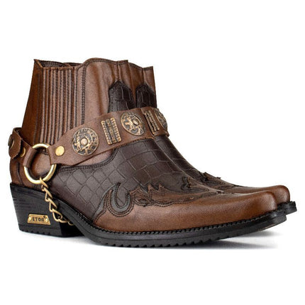Men's Brown Leather Two-Tone Winklepicker Biker Boots