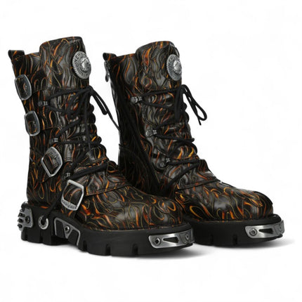 New Rock M-591-C62 Mid-Calf High Black Flame Leather Metallic Gothic Boots