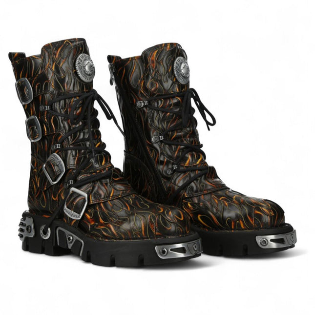 New Rock M-591-C62 Mid-Calf High Black Flame Leather Metallic Gothic Boots