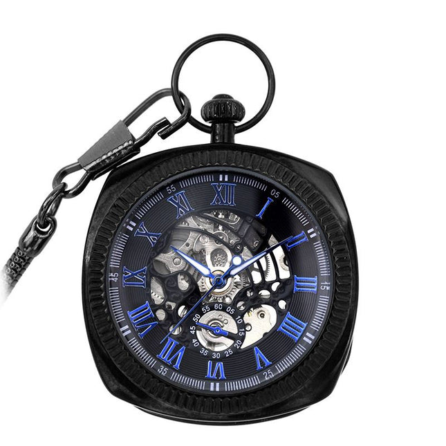 Mechanical Black Blue Vintage Skeleton Square Open-Face Pocket Watch