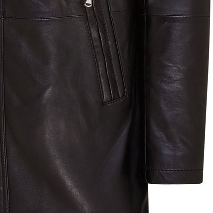 Mens Leather Jacket Classic Trench Coat with Removable Collar Mid Length Warm Overcoat