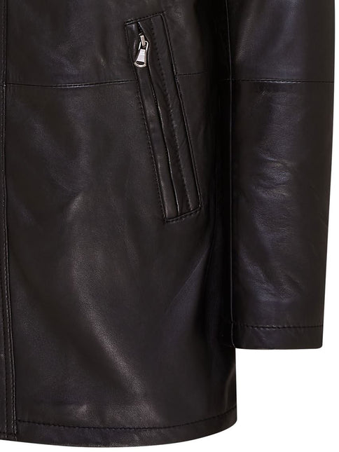 Mens Leather Jacket Classic Trench Coat with Removable Collar Mid Length Warm Overcoat