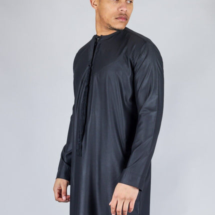 Men's Black Thobe Emirati Islamic Jubba Robe Eid Tassel Slim Fit