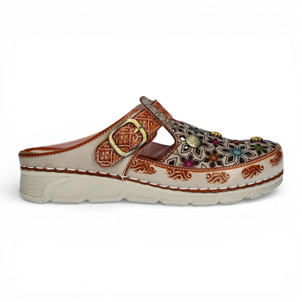 Laura Vita Women’s Dorry 01 Floral Beige Leather Wedge Slipper Sandals