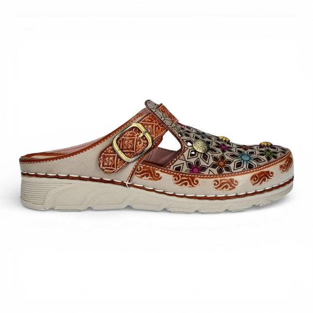 Laura Vita Women’s Dorry 01 Floral Beige Leather Wedge Slipper Sandals