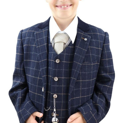 Boys 3 Piece Navy Blue Tweed Check Classic  Suit