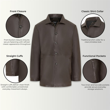 Men's Brown Leather Long Collared Car Coat Jacket - Berry