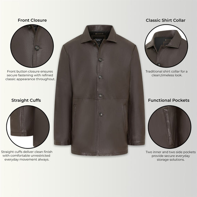 Men's Brown Leather Long Collared Car Coat Jacket - Berry