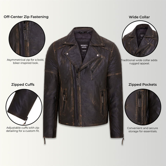 Mens Slim Fit Brando Style Double Cross Zip 100% Leather Biker Jacket