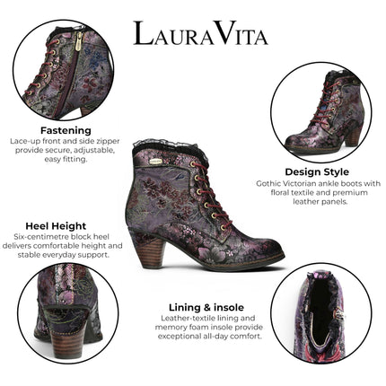 Laura Vita Women's Floral Goth Victorian Violet Leather Heeled Ankle Boots - Alcizeeo-190