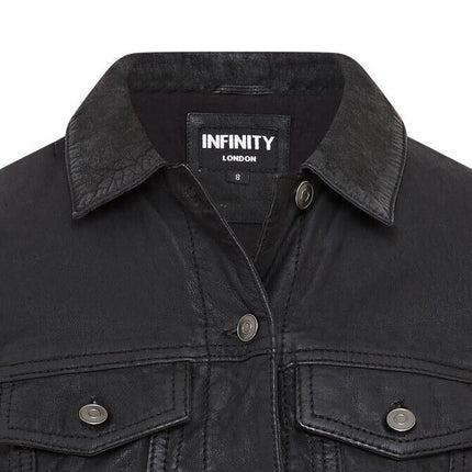 Womens Black Leather Trucker Jeans Jacket-  Doha