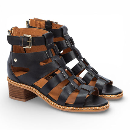 Pikolinos Women's Black Leather Block-Heel Gladiator Sandals - Blanes