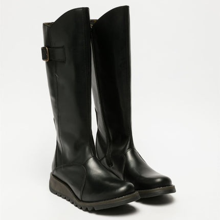 Fly London Womens Black Mol 2 Leather Wedge Heel Knee High Zip Up Boots