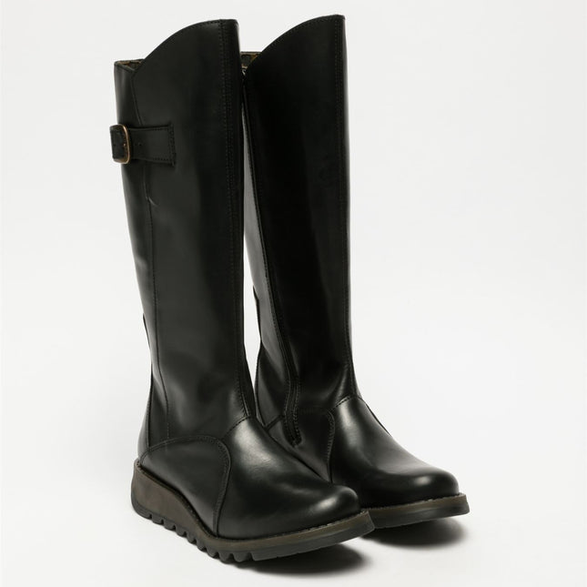 Fly London Womens Black Mol 2 Leather Wedge Heel Knee High Zip Up Boots